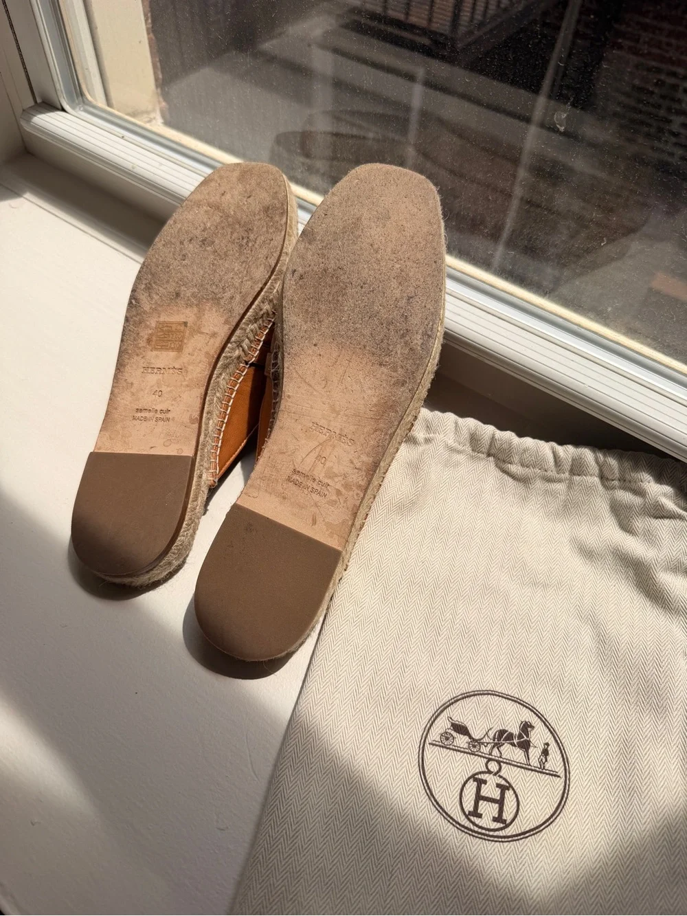 Hermes Tan Leather Espadrille Mules with Gold Hardware
